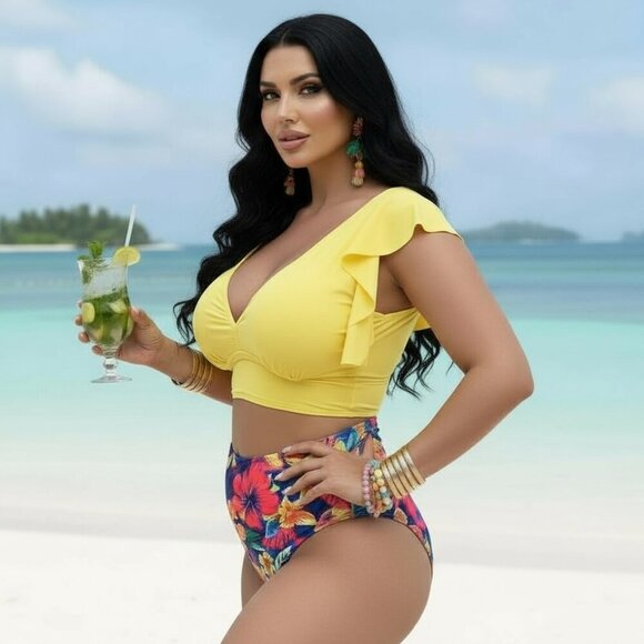 🆕 Vibrant Plus Size Boho Tankini Set 1XL Ruffle Sleeves Tropical Print Swimwear - Picture 11 of 15